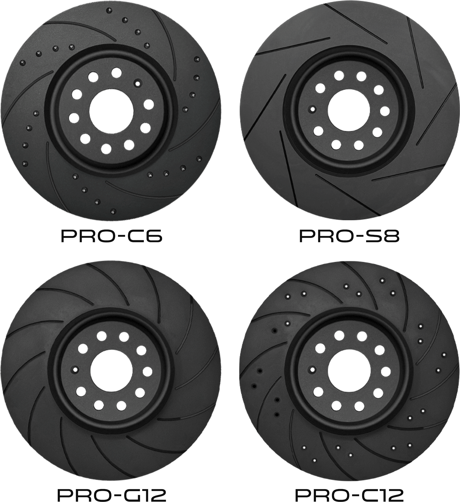 Brake disc styles: PRO-C6, PRO-S8, PRO-G12, PRO-C12
